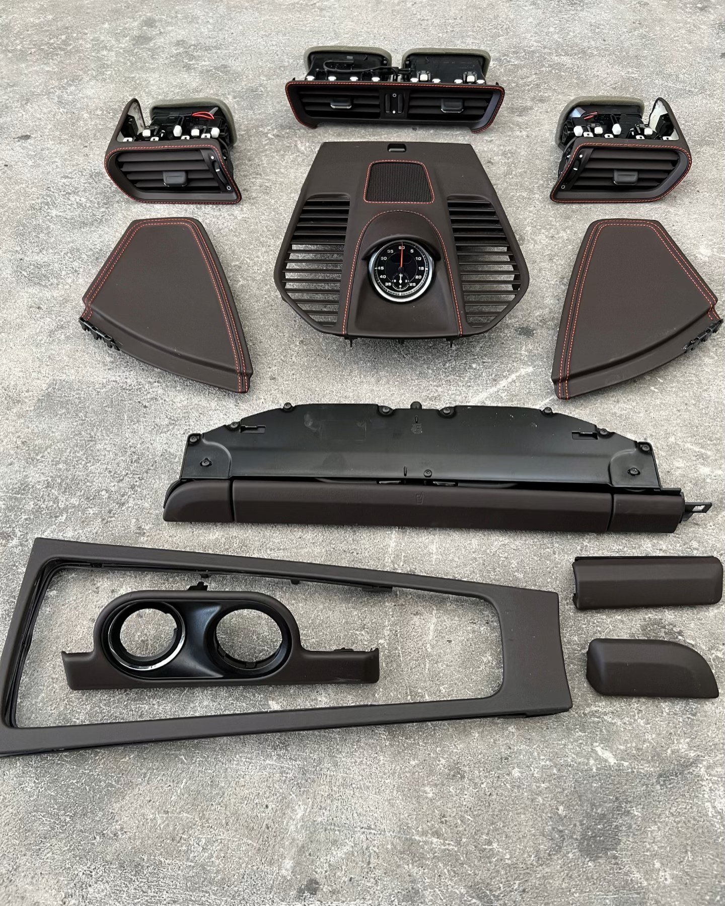 OEM Porsche 991 / 981 Cocoa Leather Extended Interior Trim Kit with Red Stitching – Complete Set